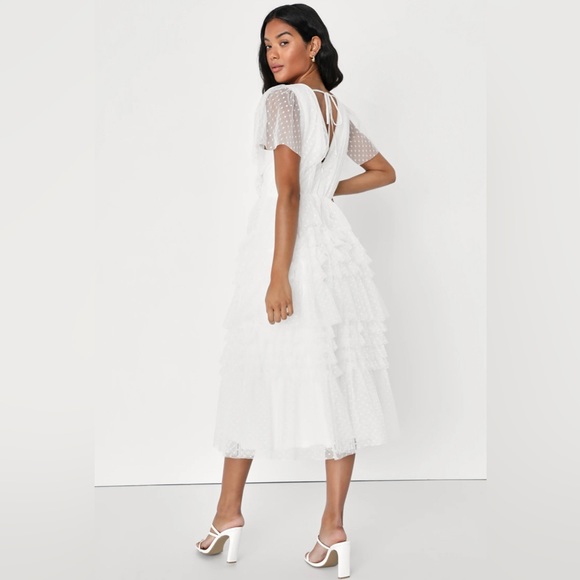 Lulu’s Fanciful Feelings White Swiss Dot Flutter Sleeve Midi Dress | Size Small - Picture 3 of 3